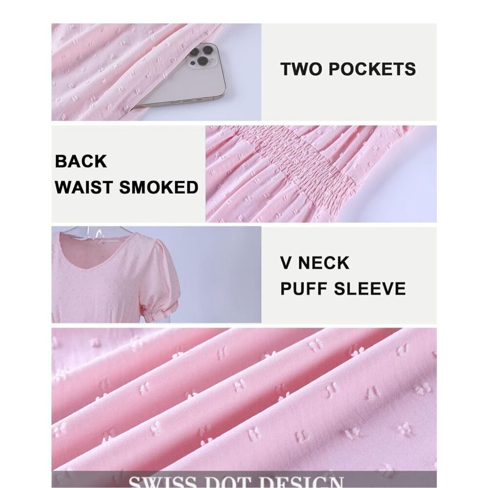 NEW White V Neck Short Sleeve Swiss Dot Mini Dress Pockets M - Picture 6 of 7